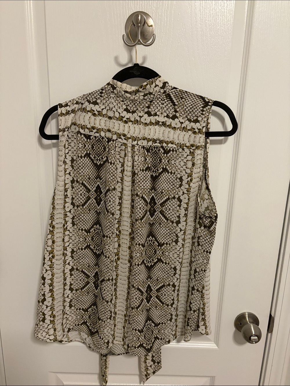 J. Crew Sleeveless Snake-Print Tie-Neck Blouse in Olive and Cream - Picture 3 of 3
